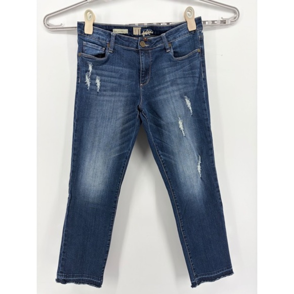 KUT from the Kloth Emma Ankle Straight Leg Jeans Dark Wash Distressed Size 10